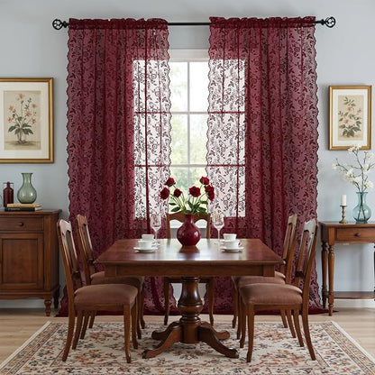 FINECITY Burgundy Lace Curtains Rustic Leaf Floral 42 x 84 Inch, 2 Panels | Rod - Image 5