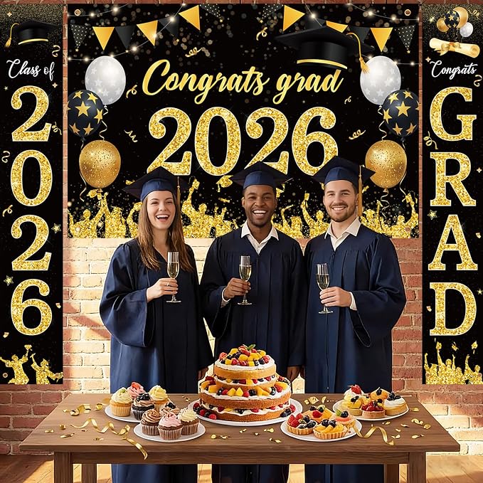 Sophena Graduation Decorations Class of 2026 Grad Banner Backdrop Black and Gold - Image 3