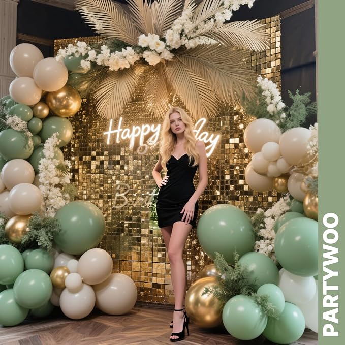 PartyWoo Sage Green Balloons 66pcs Pack Gold and Sand White Balloons | Metallic - Image 4