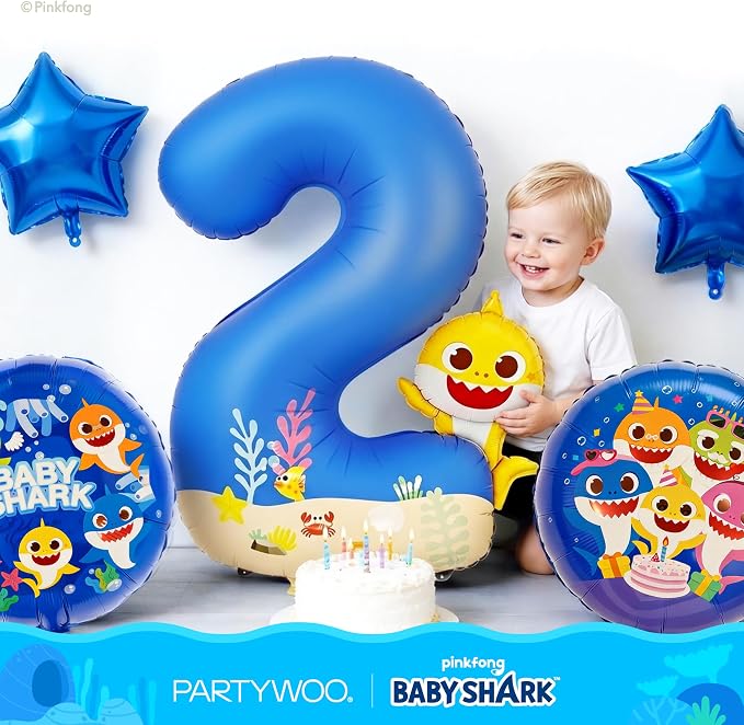 PartyWoo Baby Shark Blue Foil Round Star Mylar Number 2 Balloons 5pcs | Balloons - Image 2