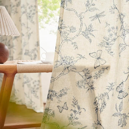 Blue Floral Linen Curtains Farmhouse Rod Pocket 50W X 84L 2 Panels | Charlotte - Image 4