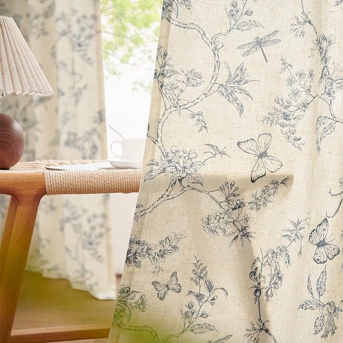 Blue Floral Linen Curtains Farmhouse Rod Pocket 50W X 63L 2 Panels | Charlotte - Image 4