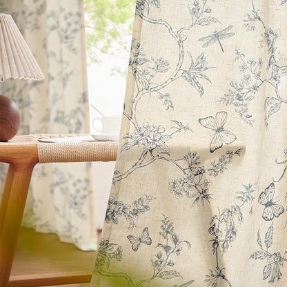 Blue Floral Linen Curtains Farmhouse Rod Pocket 50W X 63L 2 Panels | Charlotte - Image 4