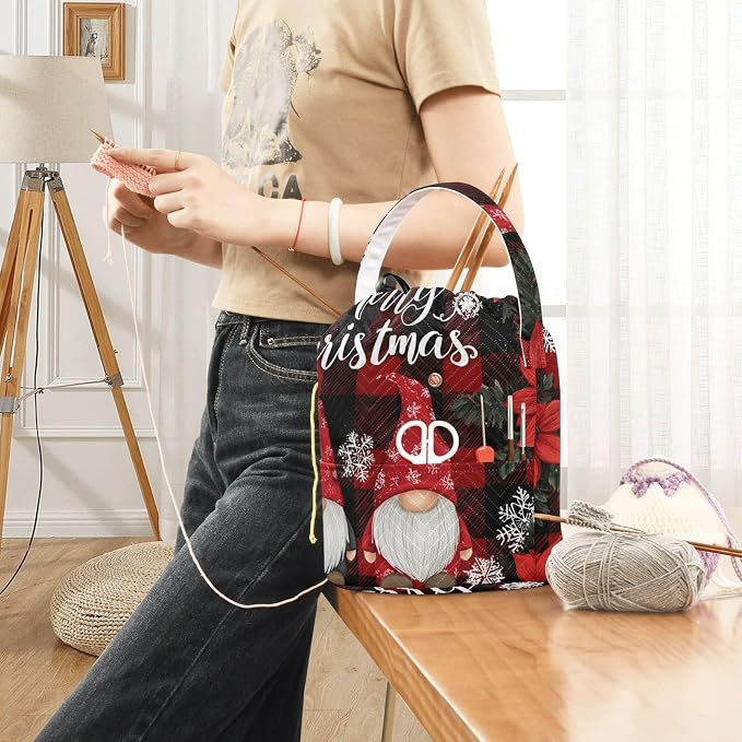 Red and Black Checkered Christmas Gnomes Yarn Bag Small Crochet Bag Drawstring - Image 6