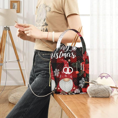Red and Black Checkered Christmas Gnomes Yarn Bag Small Crochet Bag Drawstring - Image 6