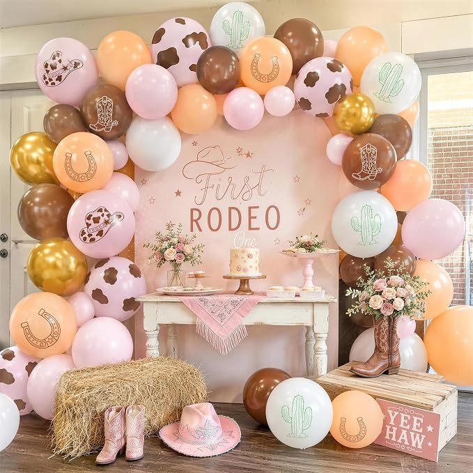 Cowgirl Balloons, Dusty Pink Brown Cow Print Latex Balloons - Image 8