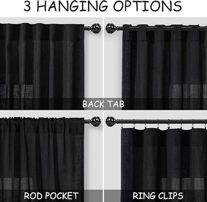 Black Semi Sheer Linen Curtains 72 inch Length - Image 3