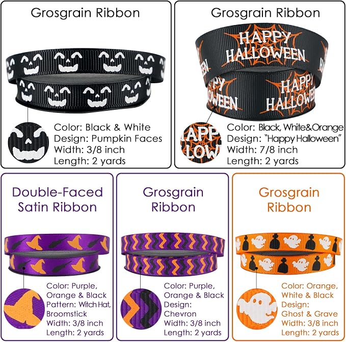 3/8 inch 1 inch Halloween Ribbon Set Spooky October Ribbon Assortment 5 Rolls - Image 3