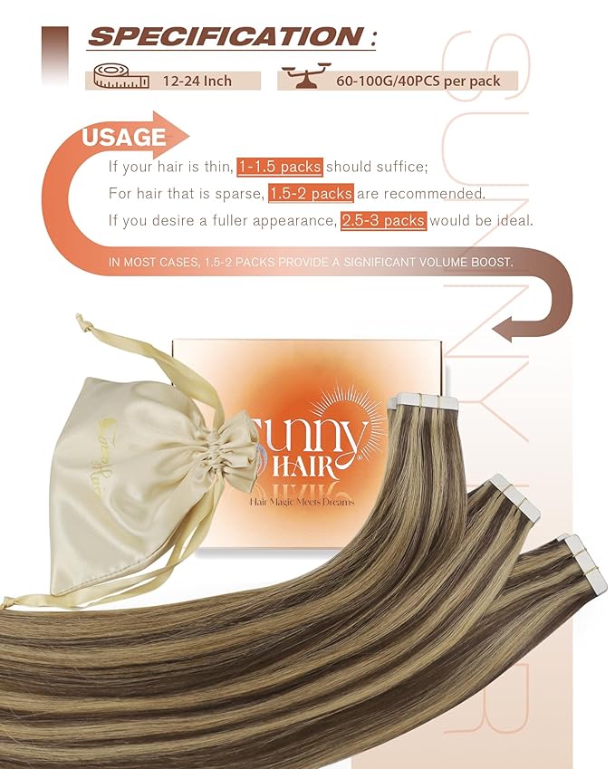 Sunny Hair Tape in Hair Extensions Human Hair 18 Inch Hair Extensions Real Human Hair Tape in Extensions for Women Medium Brown Highlights Caramel Blonde Remy Hair Straight Skin Weft 40pcs 100g