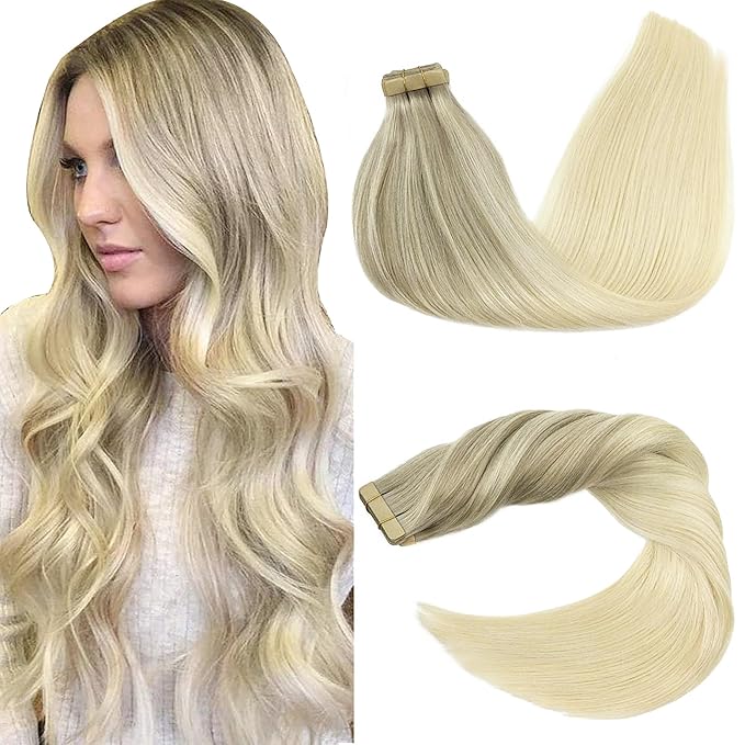 GOO GOO Tape in Hair Extensions Human Hair, 17/22/60 Ash Blonde to Golden Blonde and Platinum Blonde, 26inch 60g 20pcs, Skin Weft Seamless Invisible, Silky Straight with Thick Ends, Remy Human Hair