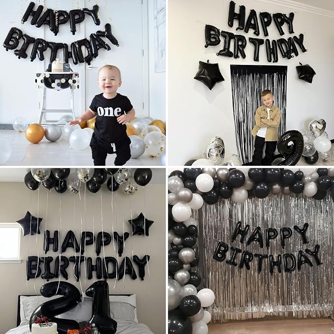 Black Happy Birthday Balloon Banner, 16 Inch Foil Mylar Happy Birthday Balloons - Image 7