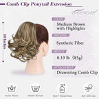 BARSDAR Drawstring Ponytail Extension - 10 Inch Short Wavy Highlight Ponytail Extensions for Women - Synthetic Comb Clip in Ponytail Hairpieces Fake Pony Tails - Medium Brown with Highlights