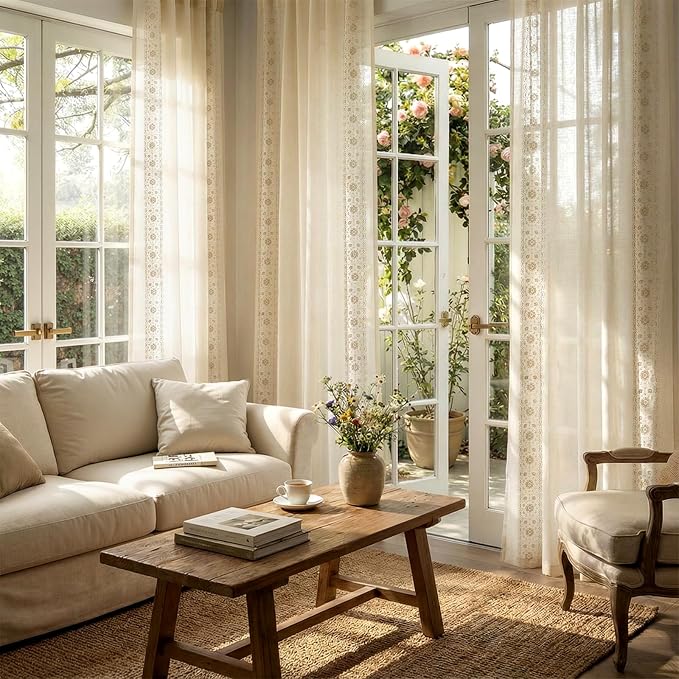 jinchan Floral Sheer Linen Curtains, Back Tab 50x84 Inch, 2 Panels Ivory | Semi - Image 2