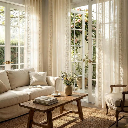 jinchan Floral Sheer Linen Curtains, Back Tab 50x84 Inch, 2 Panels Ivory | Semi - Image 2