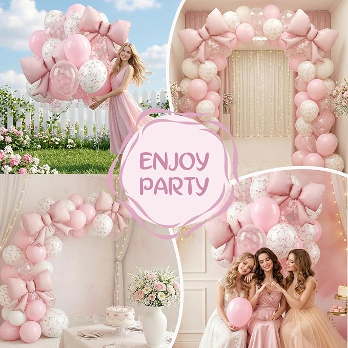 Pink Bow Balloons, 12 Inch Pastel Pink Transparent White Printed Balloons - Image 7