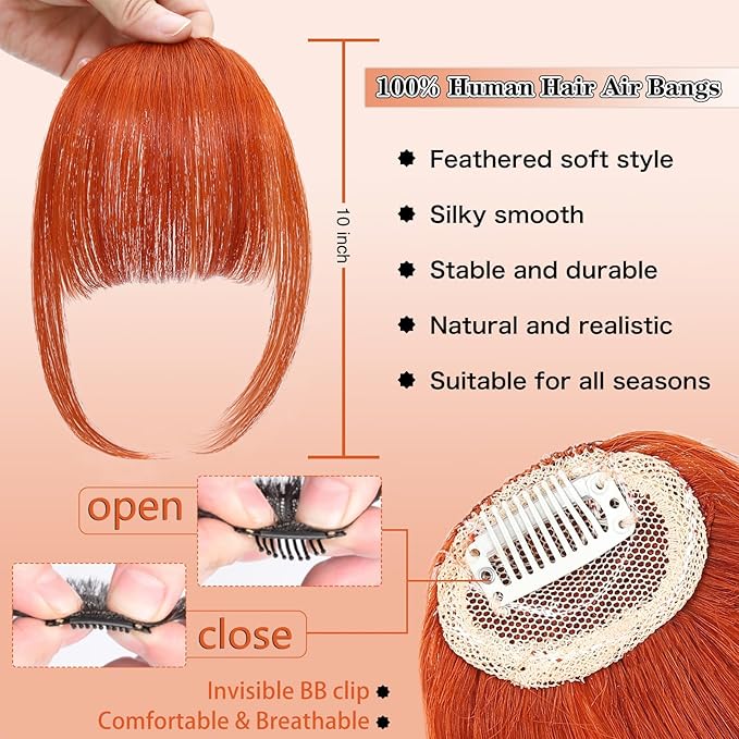 NAYOO Bangs Hair Clip in Bangs 100% Real Human Hair Extensions Wispy Bangs Clip on Air Bangs for Women Hairpieces Curved Bangs (Copper Red, Wispy Bangs)
