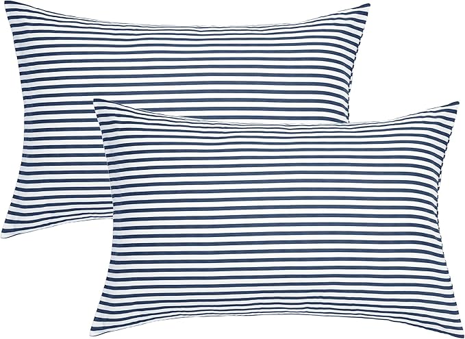 JELLYMONI 100% Natural Cotton Striped Queen Pillowcases Set, 2 Pack White and Dark Blue Stripes Pattern Printed Pillow Covers with Envelope Closure(Pillows are not Included)