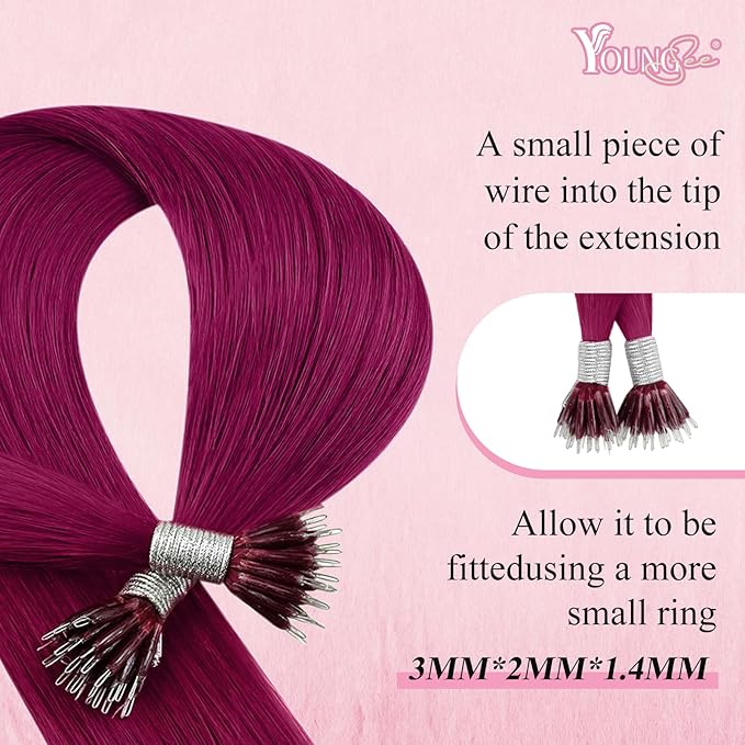 YoungSee Nano Ring Hair Extensions Magenta Nano Hair Extensions Human Hair 24 inch Long Hair Nano-Link Hair Extension Real Hair Burgundy Remy Pre Linded Nanobead Hair-Extensions for Pop 25s 25g