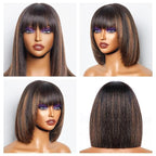 Bob Wig Human Hair with Bangs Glueless 2.5x1 HD Lace Colsure Wigs Human, Bob Wig with Brown Highlights, Ready to Go Short Wigs For Women Beginner Friendly 14 Inch