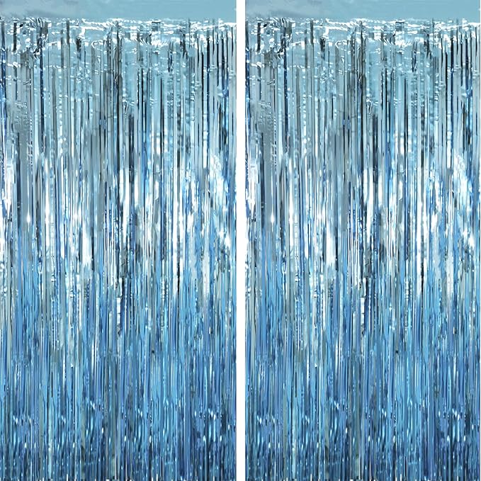 Voircoloria Light Blue Foil Fringe Backdrop Curtains, 2 Pack | Tinsel Streamers by Voircoloria