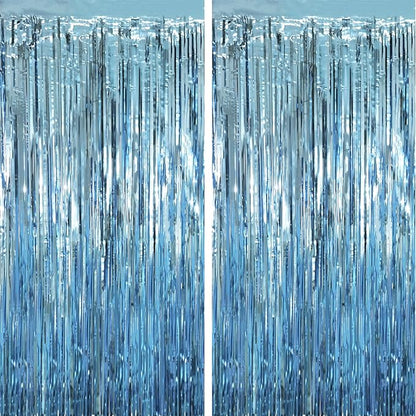 Voircoloria Light Blue Foil Fringe Backdrop Curtains, 2 Pack | Tinsel Streamers by Voircoloria