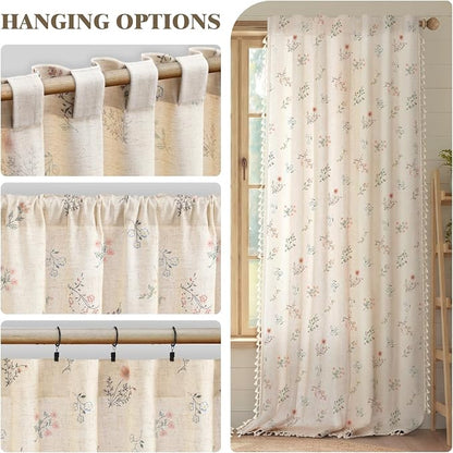 Boho Floral Light Filtering Curtains 96 Inch 2 Panels Linen Texture | Farmhouse - Image 6