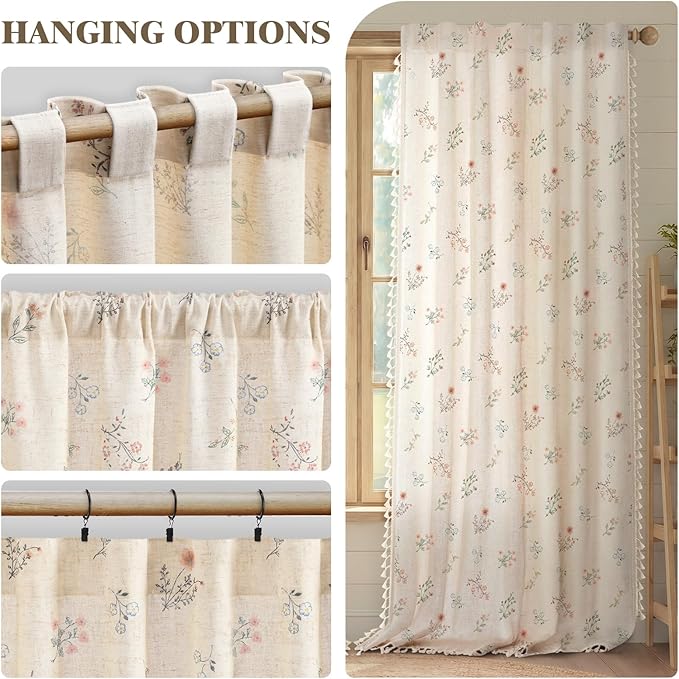 Boho Floral Light Filtering Curtains 63 Inch 2 Panels Linen Texture | Farmhouse - Image 5