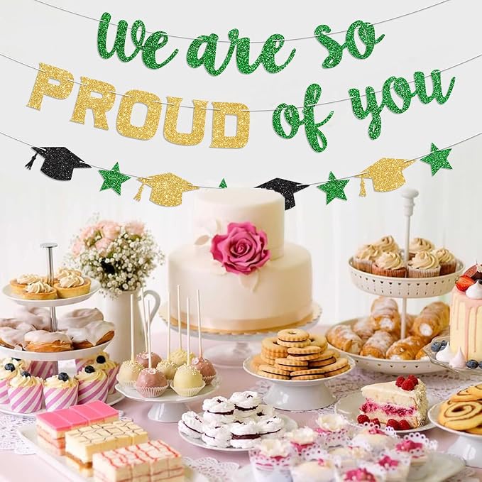 We Are So Proud of You Banner Prestrung Green and Gold Graduation Banner - Image 5