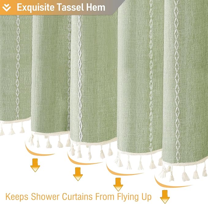 Sage Green Cream Boho Farmhouse Linen Heavy Duty Shower Curtain, 72x72 | 330GSM - Image 6