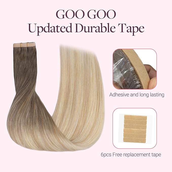 GOO GOO Tape in Hair Extensions Human Hair, 9/18J/60 Chocolate Brown to Champagne Blonde Balayage, 20inch 50g 20pcs, Skin Weft Seamless Invisible, Silky Straight with Thick Ends, Remy Human Hair