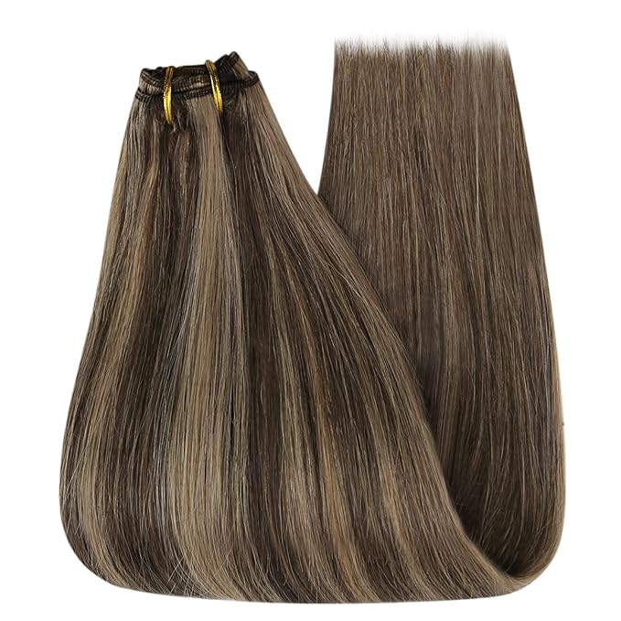 YoungSee Human Hair Weft Extensions Brown Highlight Sew in Hair Extensions Real Human Hair Dark Brown Mix Caramel Blonde Sew in Extensions Long Straight Hair 100G 24Inch