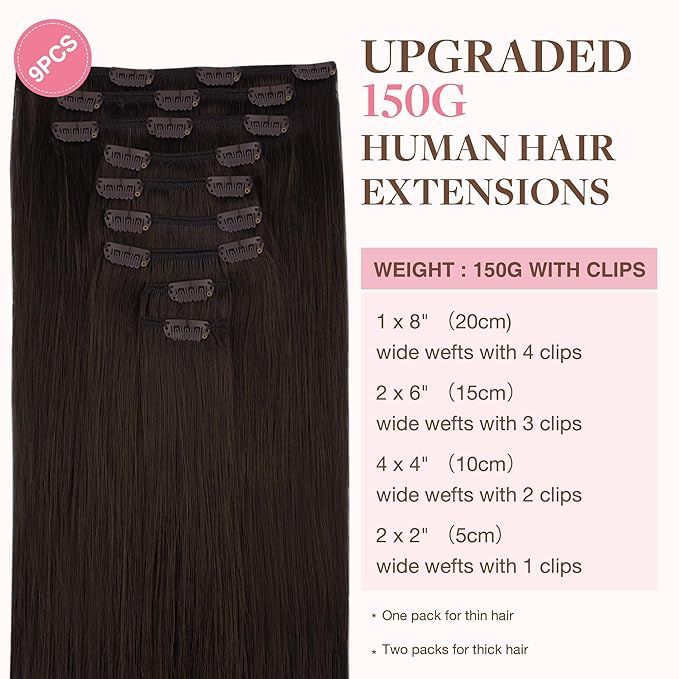 GOO GOO Clip in Hair Extensions Real Human Hair, Remy Human Hair Extensions Clip ins for Women, Natural Human Hair, 22inch 150g 9Pcs, 2A Light Brown