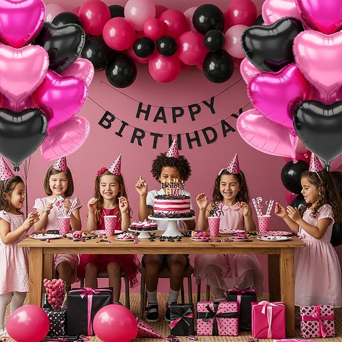 TONIFUL 30 Pcs 18 Inch Pink Black Hot Pink Heart Shape Foil Mylar Balloons | - Image 4