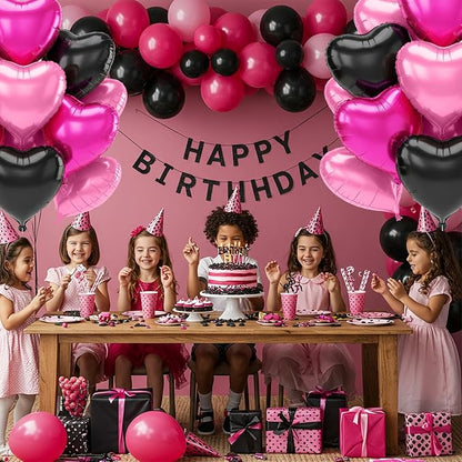TONIFUL 30 Pcs 18 Inch Pink Black Hot Pink Heart Shape Foil Mylar Balloons | - Image 4