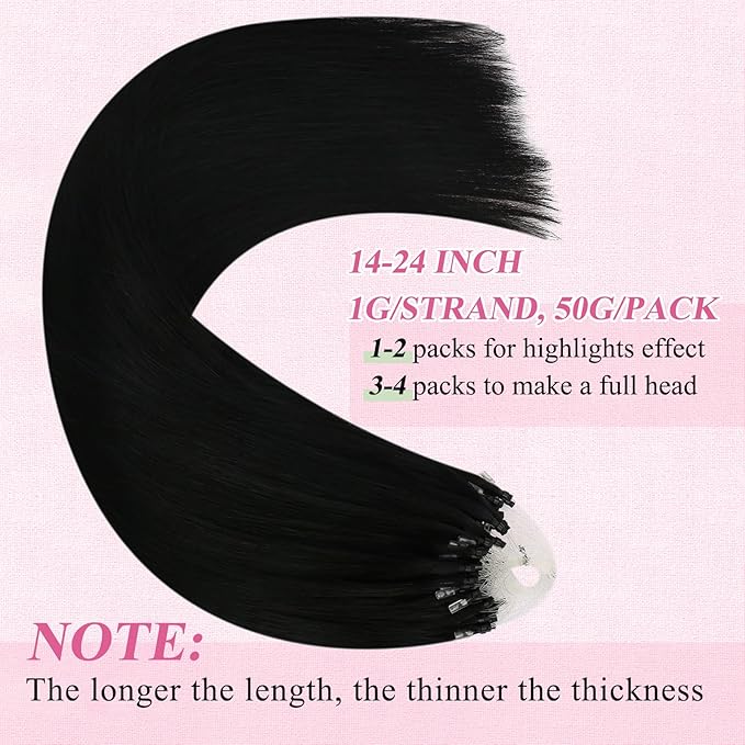 YoungSee Micro Bead Hair Extensions Real Human Hair Black Microlink Hair Extensions Human Hair Jet Black Beaded Hair Extension 24 Inch Micro Hair Extension Remy Hair Natural for Long Hair 50s 50g