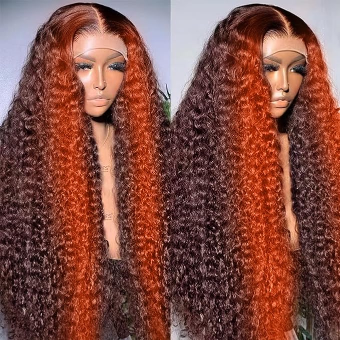 250 density 34 Inch Deep Wave Lace Front Wigs Human Hair Pre Plucked Hairline Glueless Wigs for Women 13x6 HD Lace Front Wigs Ginger Orange Curly Human Hair Wig Brazilian Hair