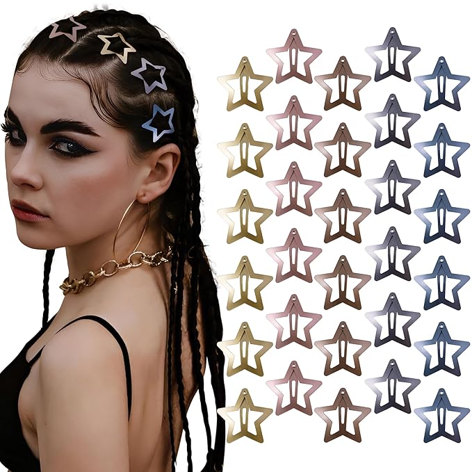 30 Pcs Metal Star Hair Clips 2000s Y2K Snap Barrettes 1.25 In Non Slip Star Hair Accessories for Women,Metallic Blue Red Gold