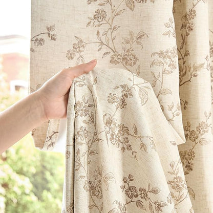 Blackout Vintage Floral Linen Curtains Taupe on Beige 50×63 2 Panels | Elisa - Image 3