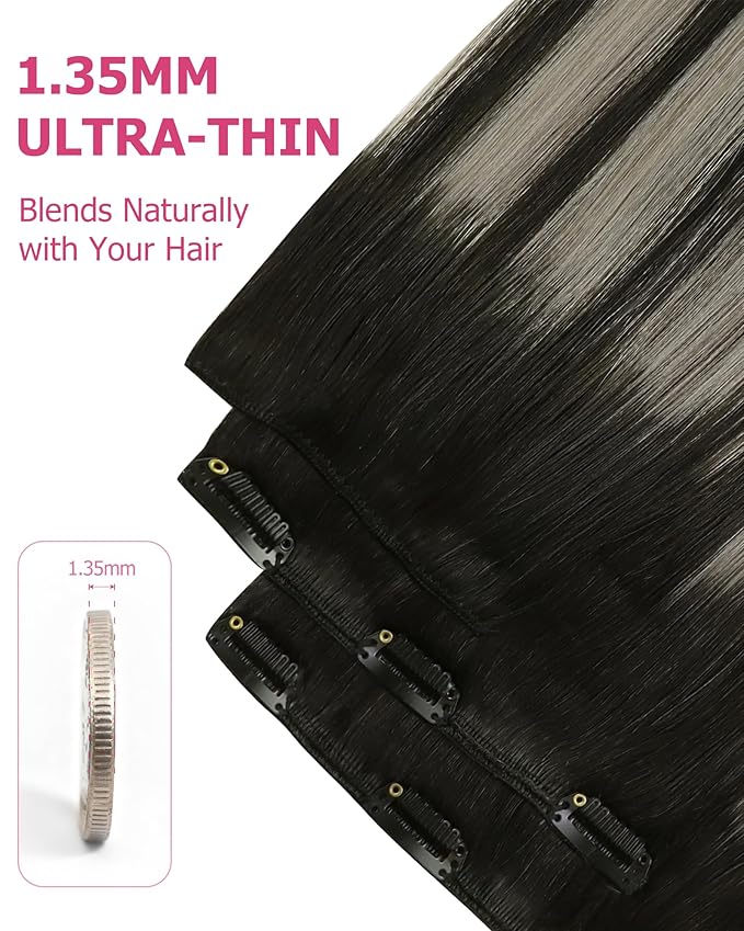 YoungSee 150G Clip in Human Hair Extensions Black Ombre Clip in Extensions Natural Black and Silver Balayage Clip in Hair Extensions Real Human Hair Easy to Wear 20Inch 7Pcs