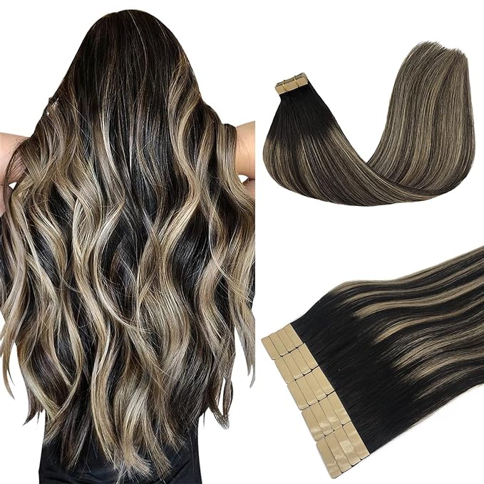 DOORES Tape in Hair Extensions Human Hair Balayage Natural Black to Light Blonde 16 Inch 20pcs 50g Remy Human Hair Extensions Tape in Natural Hair Extensions Straight
