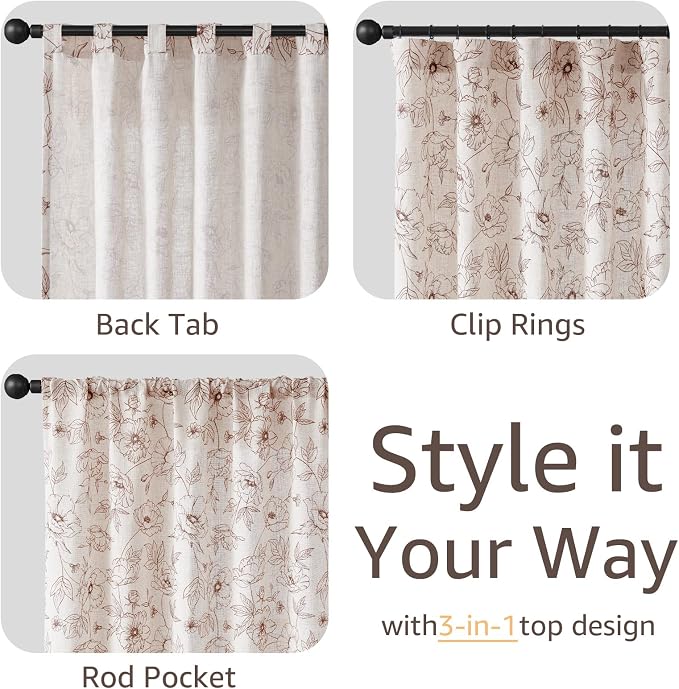 jinchan Floral Linen Curtains for Living Room 96 Inch Length Brown Flower - Image 6