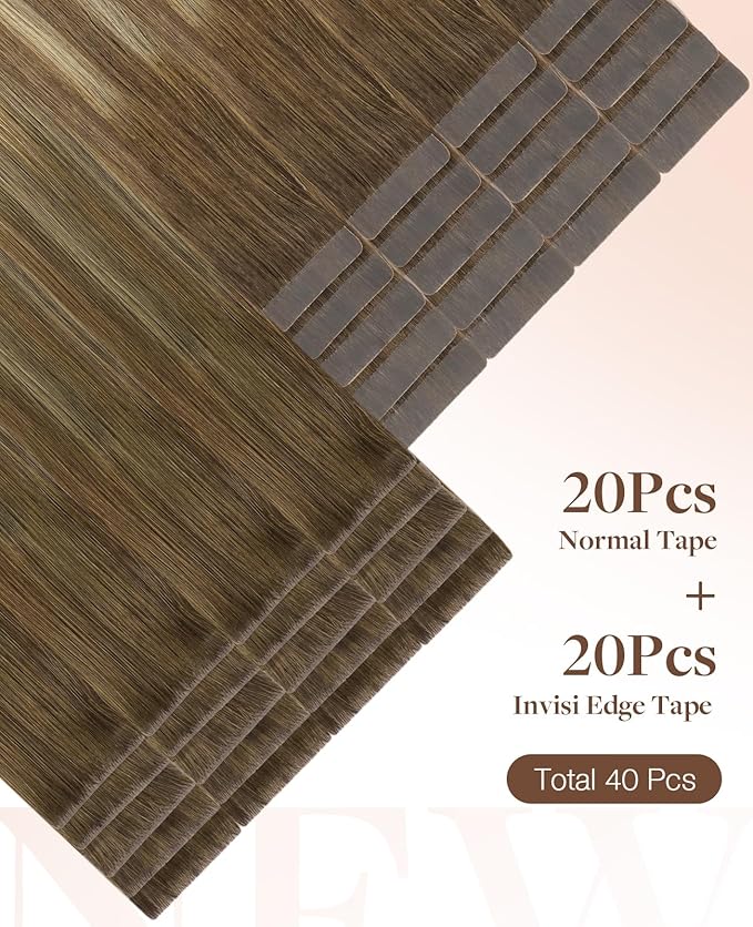 GOO GOO Invisi Edge Tape in Hair Extensions Human Hair, 3/8/613 Walnut Brown to Ash Brown and Bleach Blonde 20pcs injected with 20pcs classical tape ins, 10inch 60g, Virgin Remy Hair, Natural Look