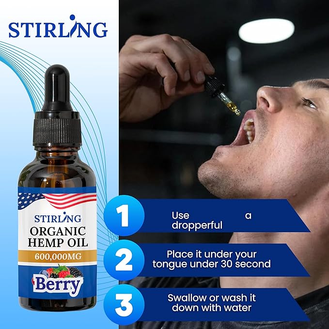 STIRLING Organic Hemp Oil - 600,000mg Natural Berry Flavor - Enhances Sleep and Helps Reduce Discomfort - THC-Free, Non-GMO, Gluten-Free, High in Omega 3 6 9 - Premium U.S. Hemp Seed Oil