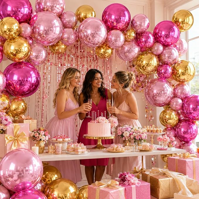 Pink Gold Round Foil Balloons, Metallic Hot Pink Gold Foil Baloon - Image 8