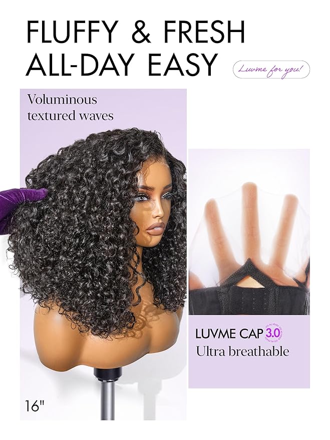 LUVME HAIR Curly Deep Wave Glueless Lace 100% Human Hair Short Wigs 16 Inches Pre Cut Plucked Hd Lace Wig Ready To Go Natural Color Bleached Knots Side Part Black Wigs 16 Inches