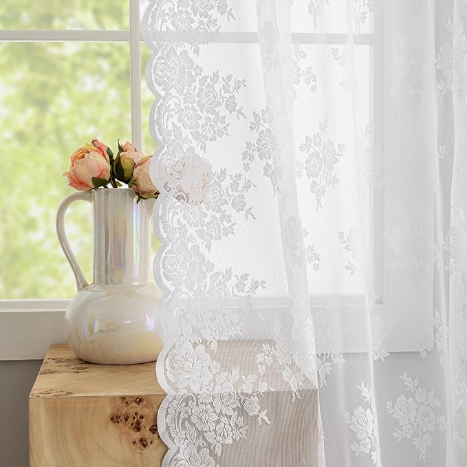 Kotile White Lace Curtains for Living Room Rustic Floral 52x72 in, 2 Panels | - Image 4