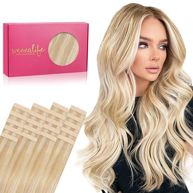 WENNALIFE Tape in Hair Extensions Human Hair, 20pcs 50g 22inch Dirty Blonde Highlighted Bleach Blonde Remy Hair Extensions Straight