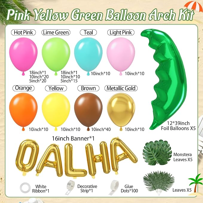 176pcs Tropical Luau Balloon Arch Kit in Pink Green Gold Orange Teal Yellow | - Image 2