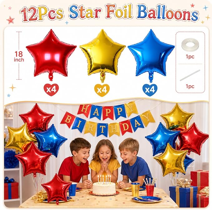 Blue Red Gold Foil Balloons Star 12 Pcs, 18 Inch Large Metallic Royal Blue Red - Image 2