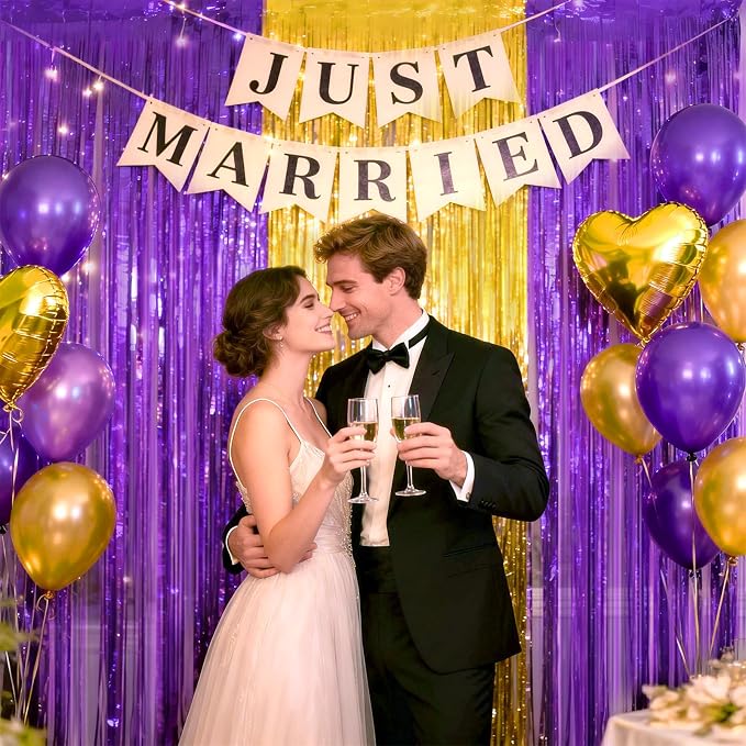 jijAcraft Purple Gold Tinsel Foil Fringe Curtain, 3 Pack 3.2x6.5 Feet - Image 7